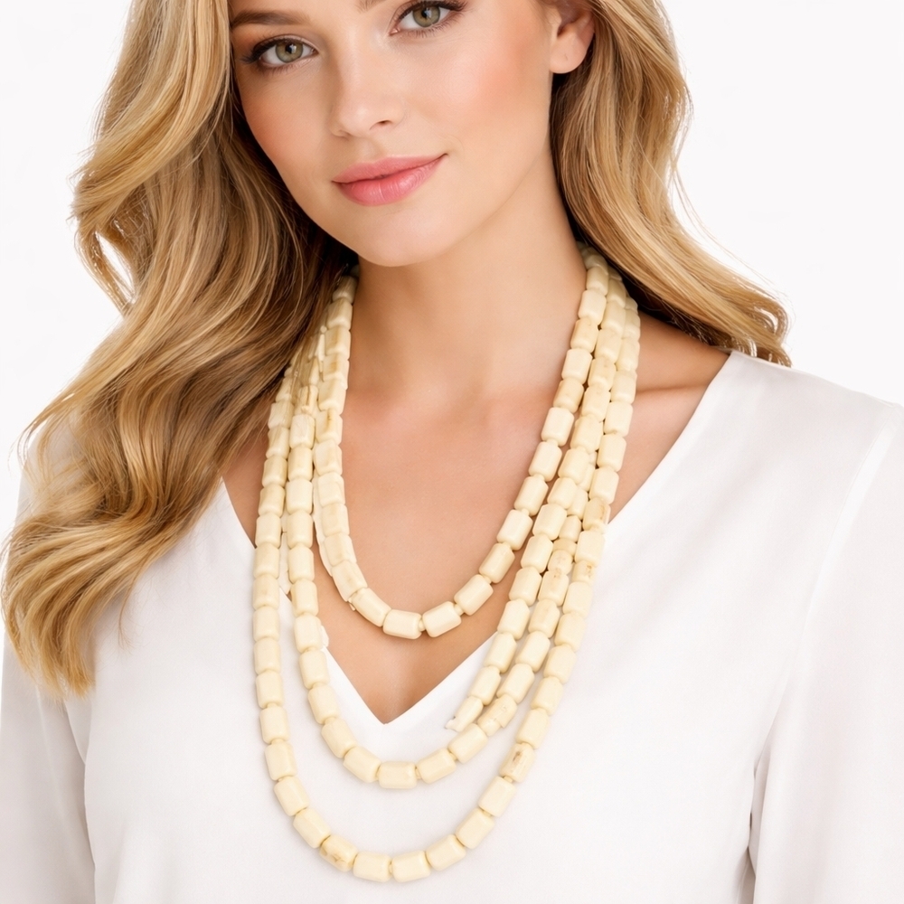Vintage Cream Quartz Triple Strand Necklace Statement Bead Ivory Chunky Jewelry